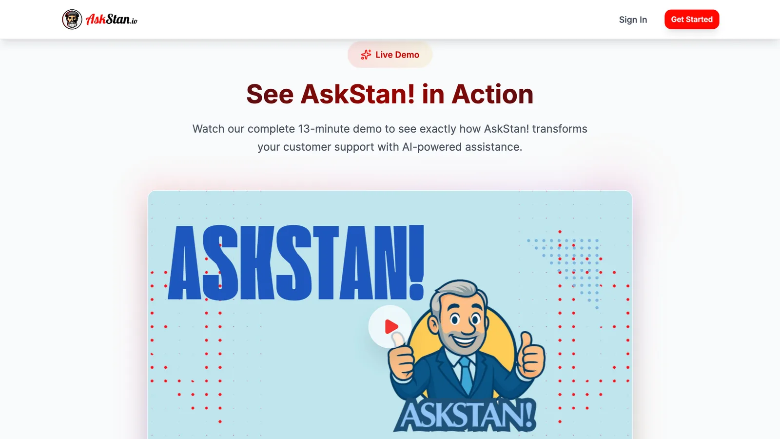 AskStan landing page section “See AskStan in action” with the product demo video.