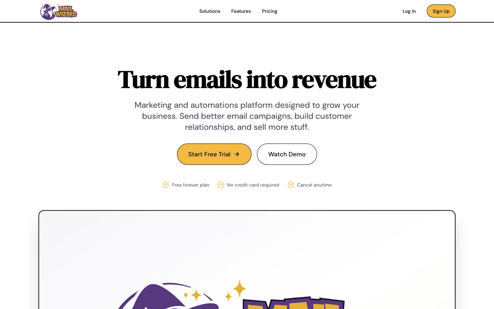 MailWizard landing page with the headline “Turn emails into revenue.”