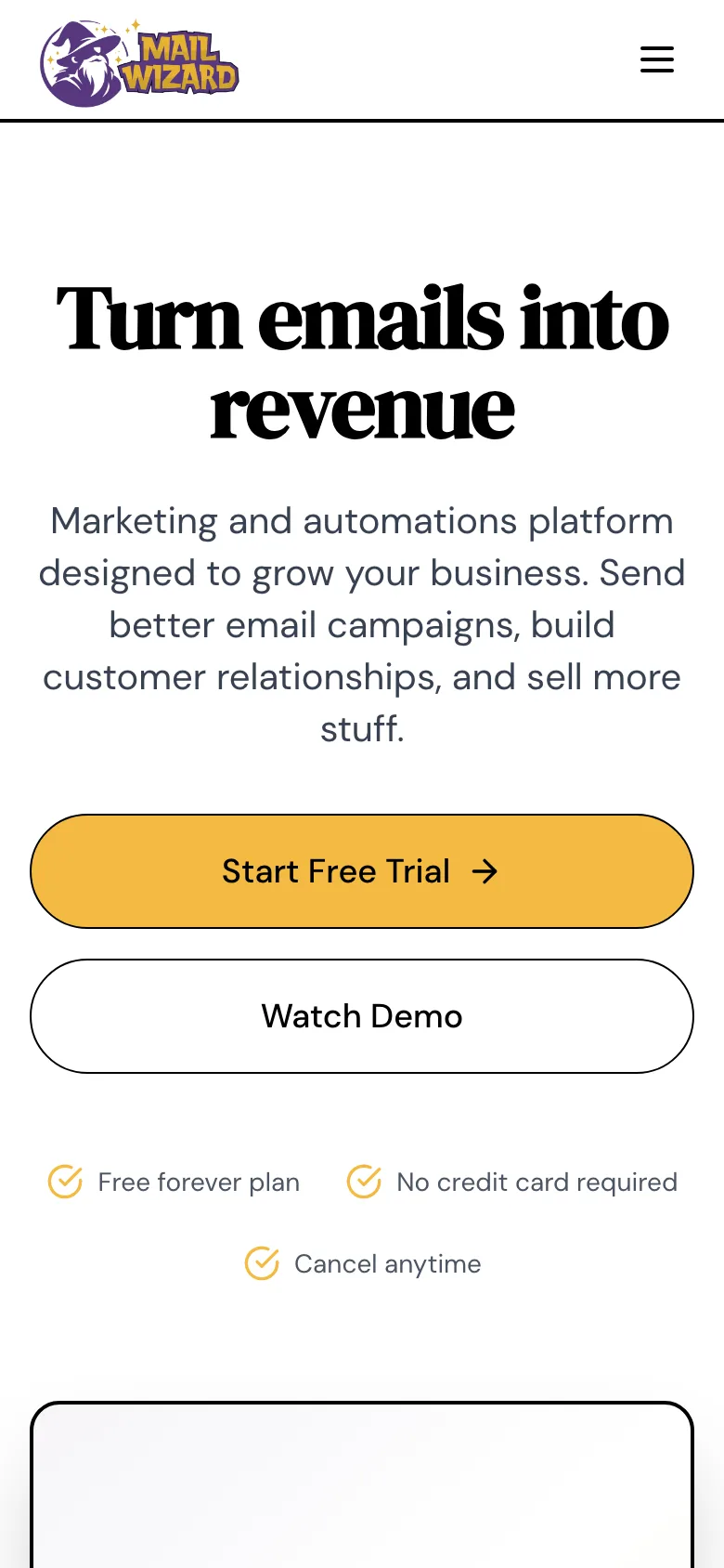 MailWizard landing page on a phone.